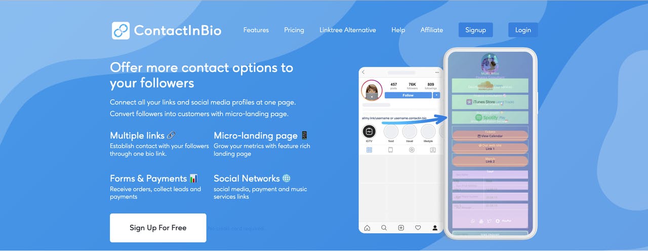 contactinbio homepage with free bio link example