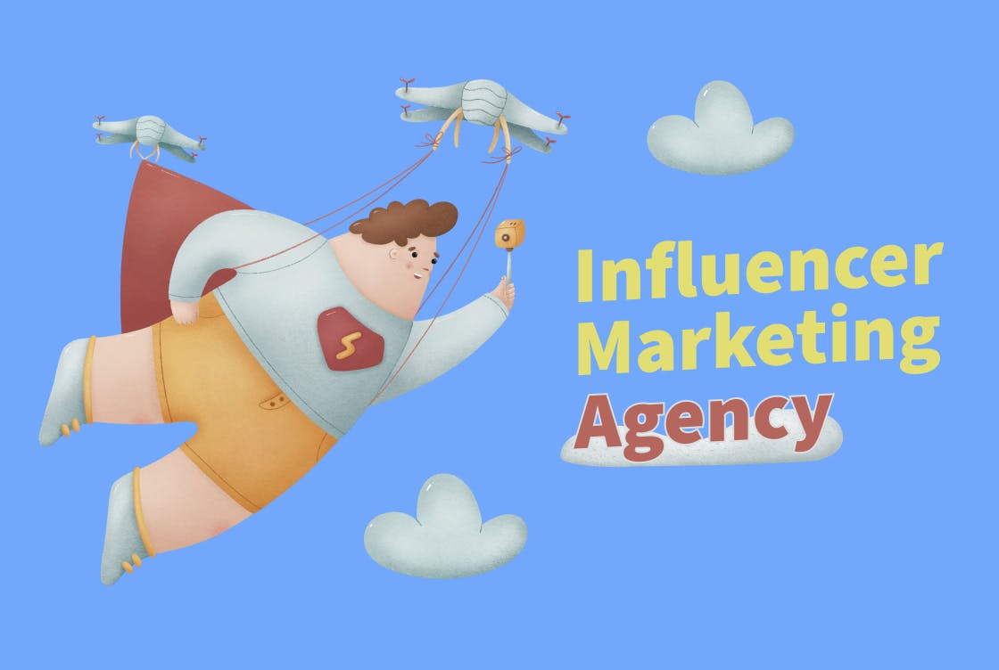 Blue background, clouds, flying man in a hero costume. Influencer marketing agency writes